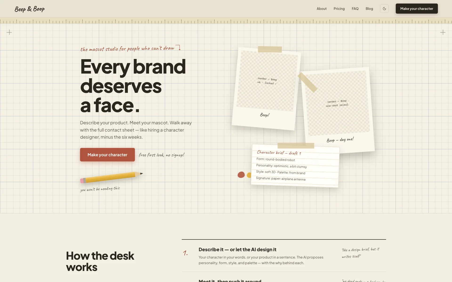 The Beep & Boop homepage: “Every brand deserves a face,” with polaroid-style renders and a handwritten character brief pinned to a grid