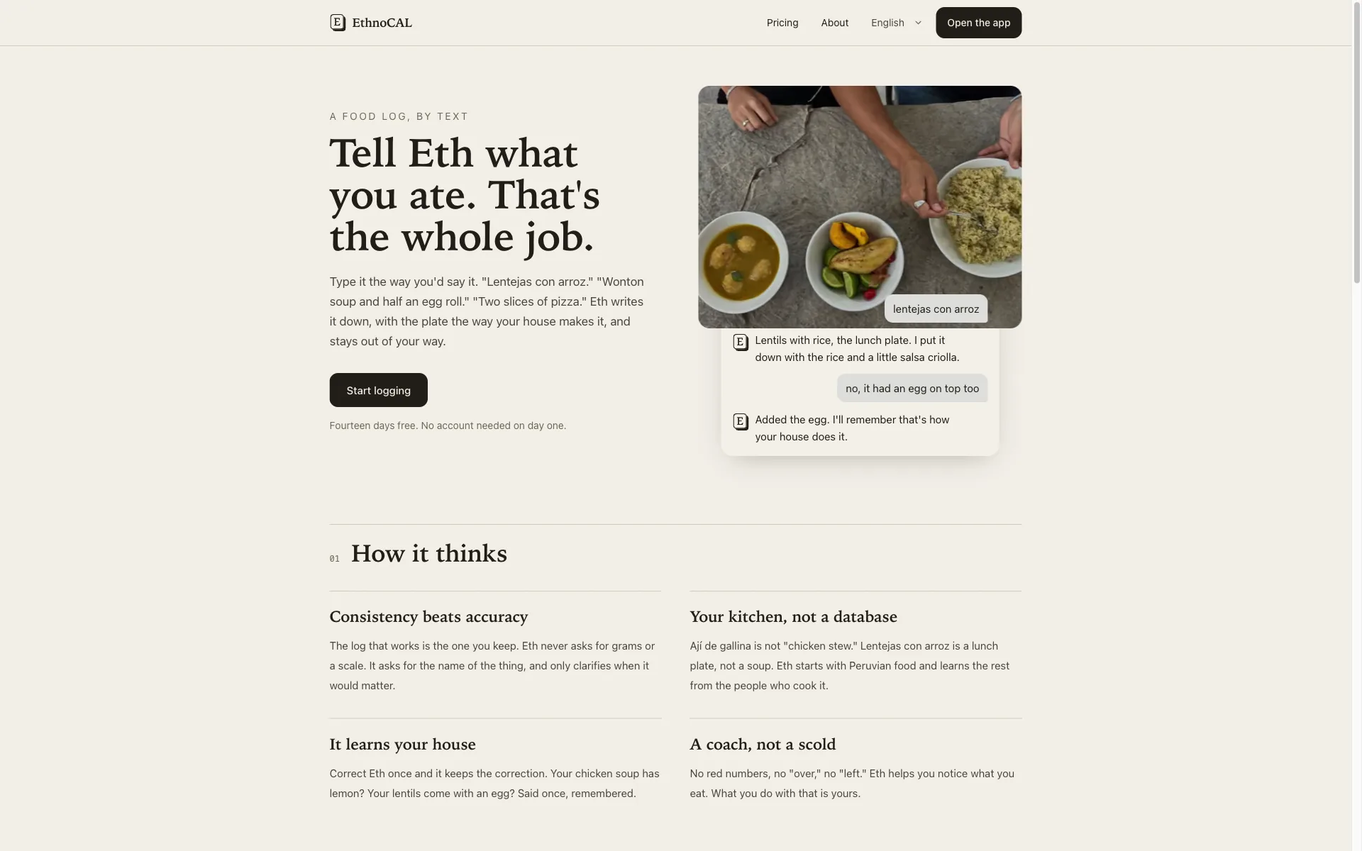The EthnoCAL homepage: “Tell Eth what you ate. That’s the whole job.” beside a sample conversation logging lentejas con arroz