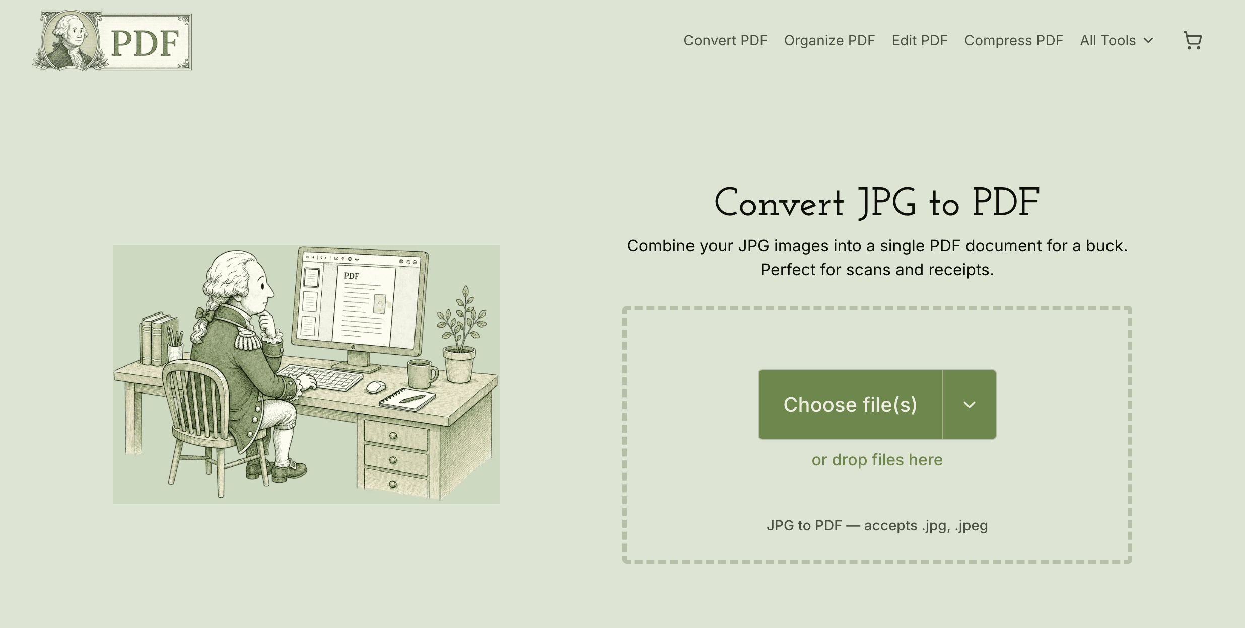 The Dollar PDF "JPG to PDF" tool page: an engraving of George Washington at a desk beside the headline "Convert JPG to PDF" and a drop zone to choose or drag a file.