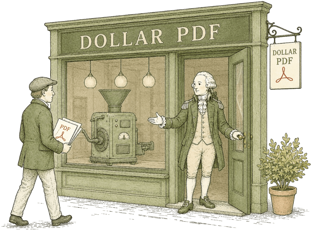 The Dollar PDF storefront illustration: a customer hands a PDF to a George Washington shopkeeper.