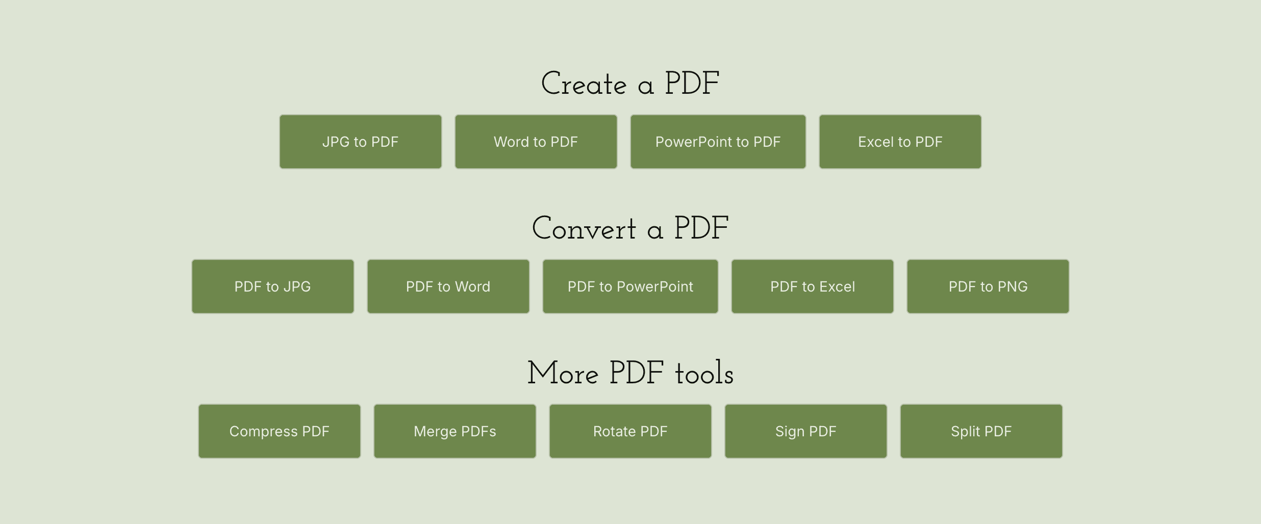 Dollar PDF tool library grouped into "Create a PDF," "Convert a PDF," and "More PDF tools," each a row of green buttons.