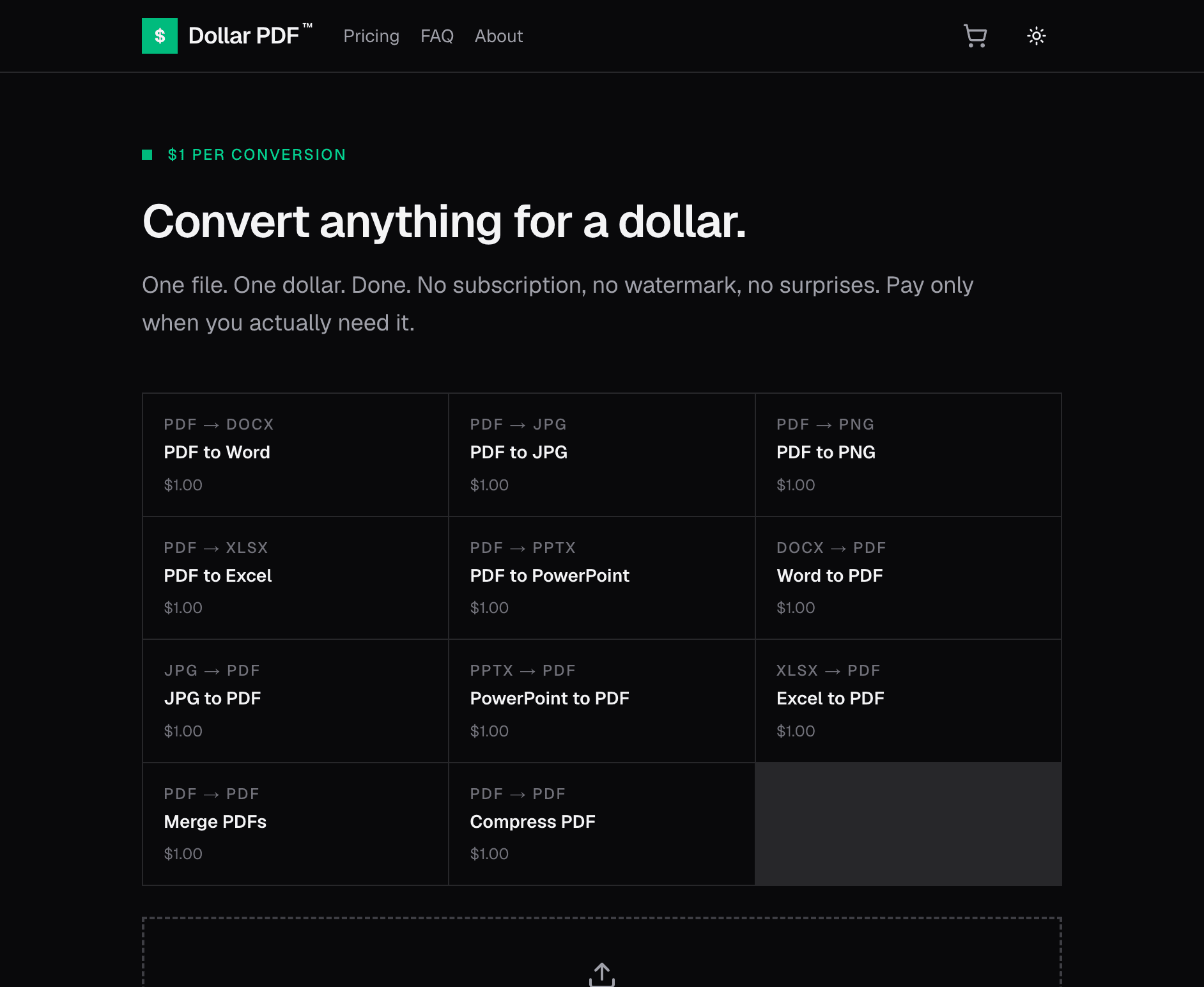 Dollar PDF marketing homepage with headline Convert anything for a dollar and a grid of conversion options priced at one dollar each.